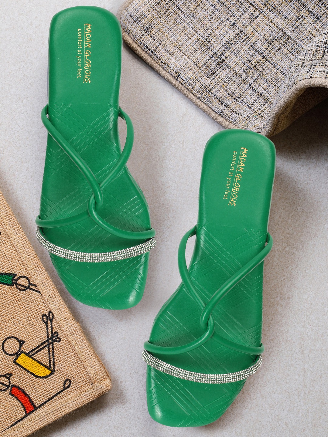 

madam glorious Embellished Open Toe Flats, Green
