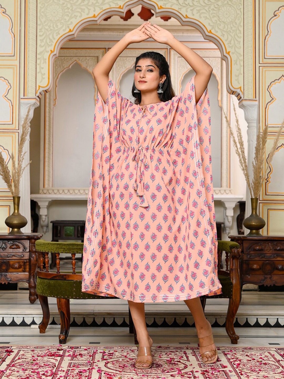 

GULAB CHAND TRENDS Ethnic Motifs Printed Cotton Kaftan Midi Ethnic Dress, Peach