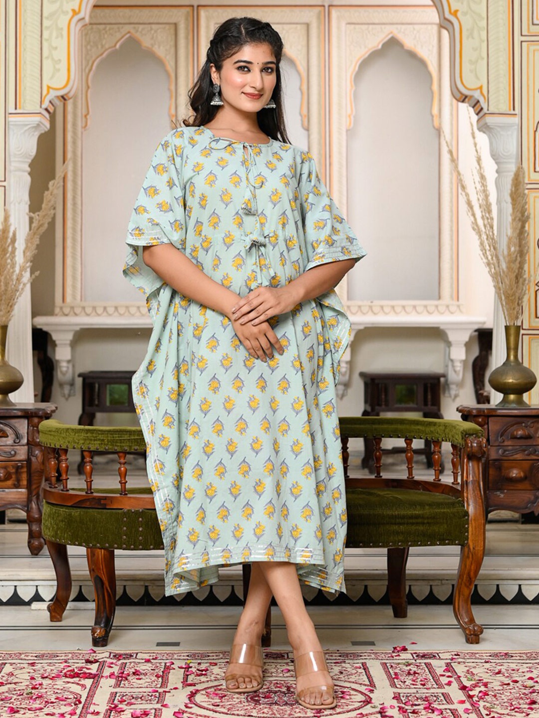 

GULAB CHAND TRENDS Floral Printed Kimono Sleeves Cotton Kaftan Midi Ethnic Dress, Green