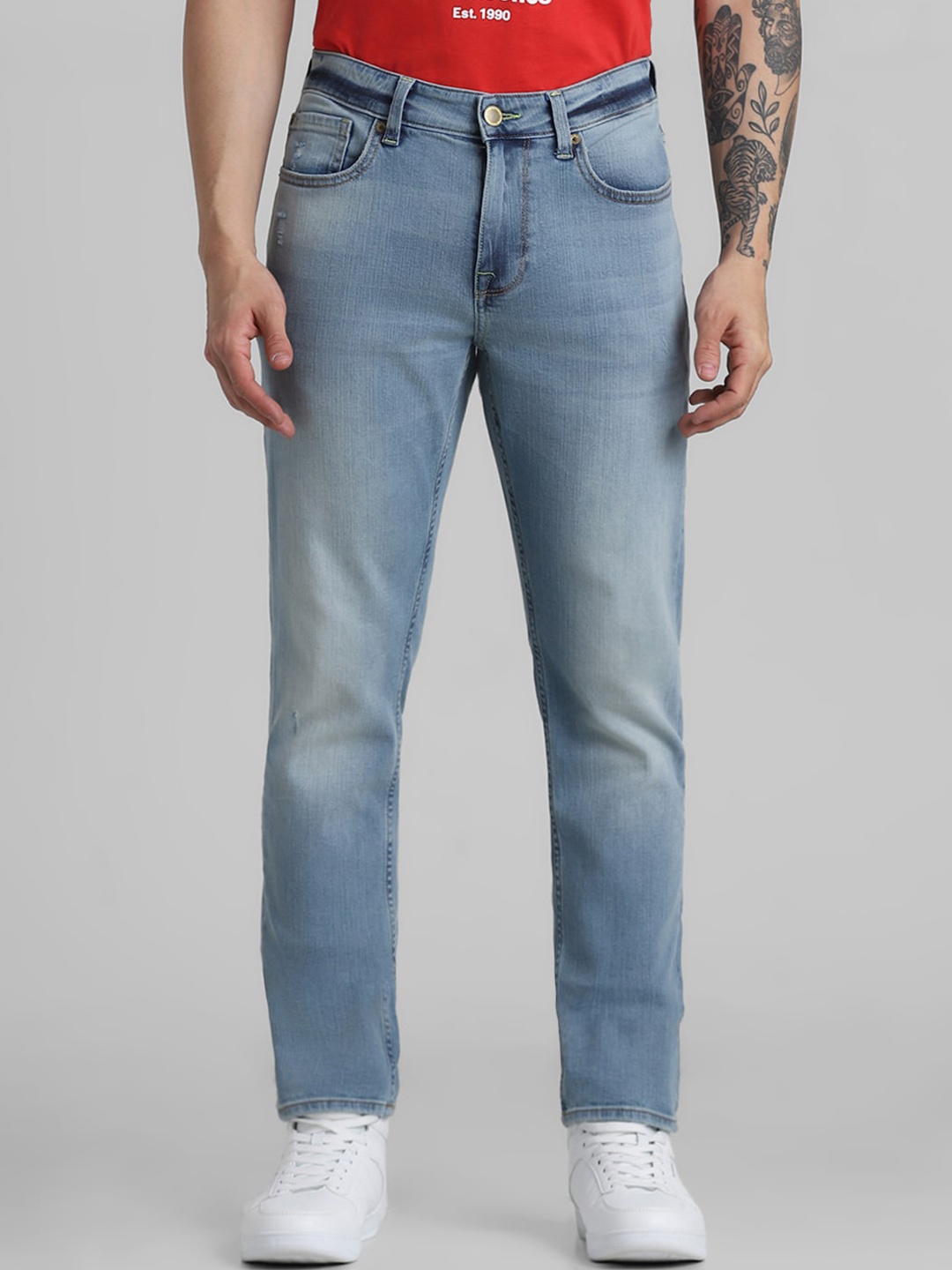 

Jack & Jones Men Slim Fit Low-Rise Heavy Fade Clean Look Stretchable Jeans, Blue
