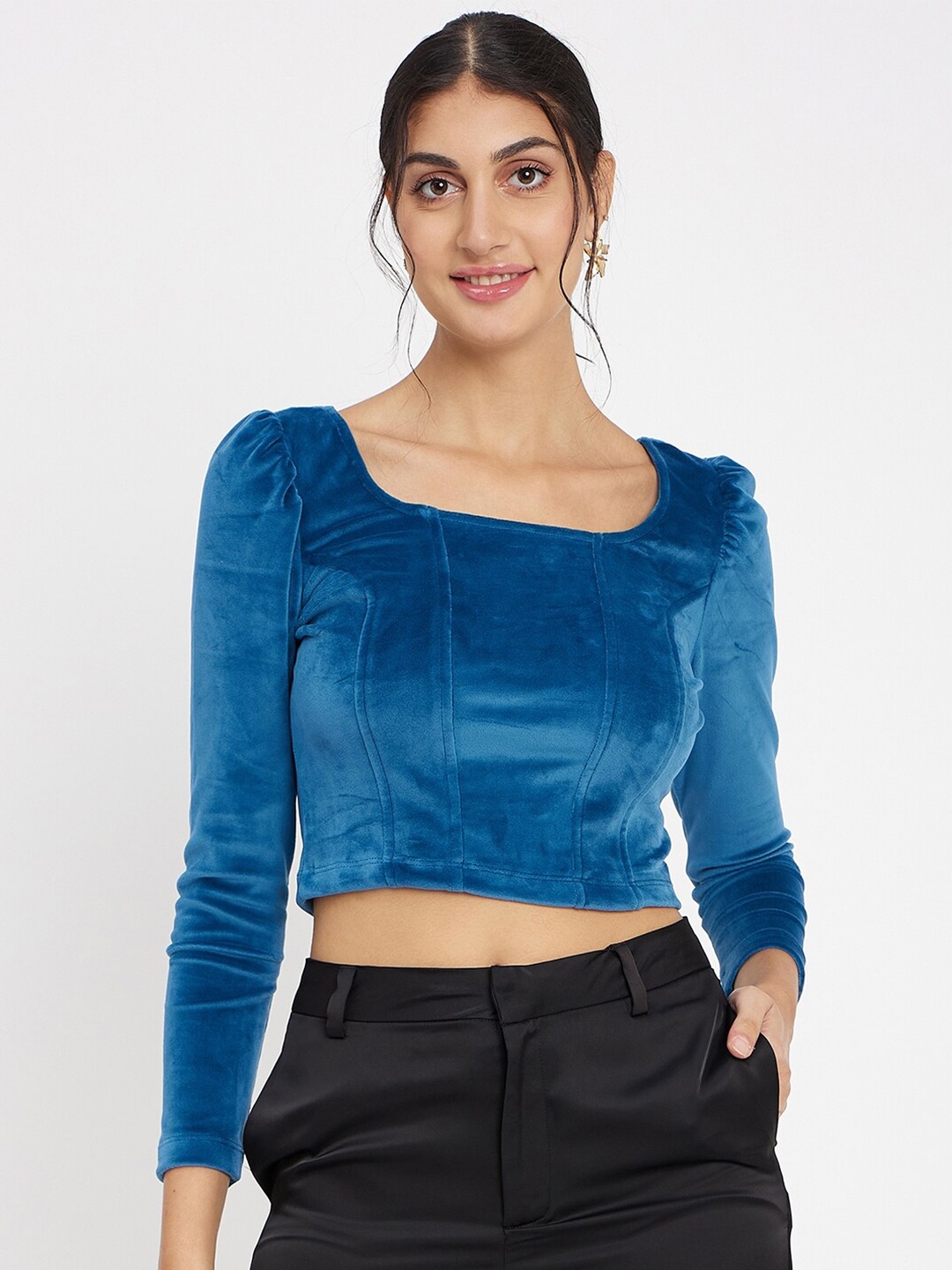 

Madame Square Neck Puff Sleeves Crop Top, Teal