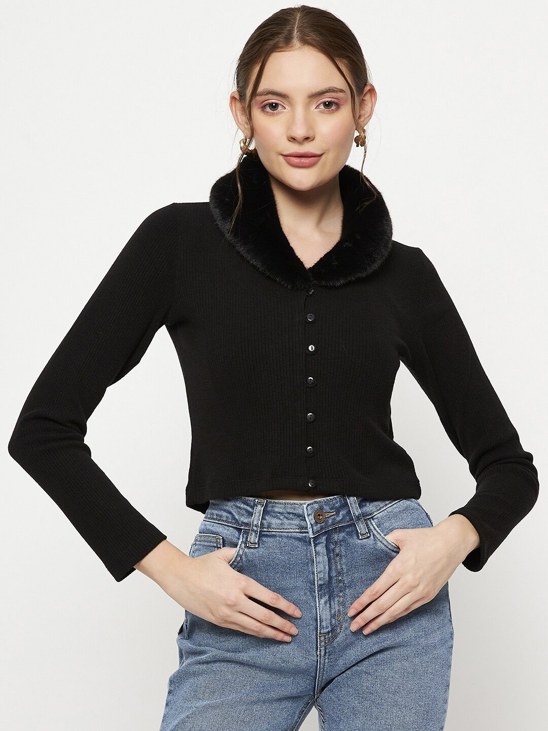 

Madame Ribbed Shirt Style Top, Black