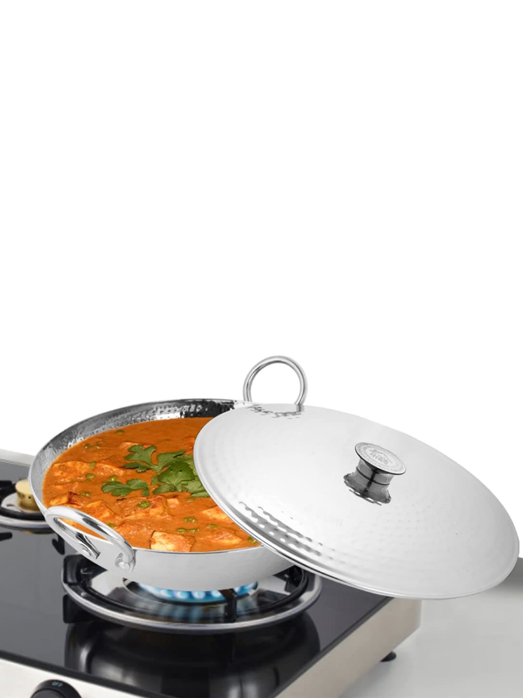 

Shri & Sam Triply Deep Pro Silver Toned Hammered Stainless Steel Kadhai With Lid 6.6 L