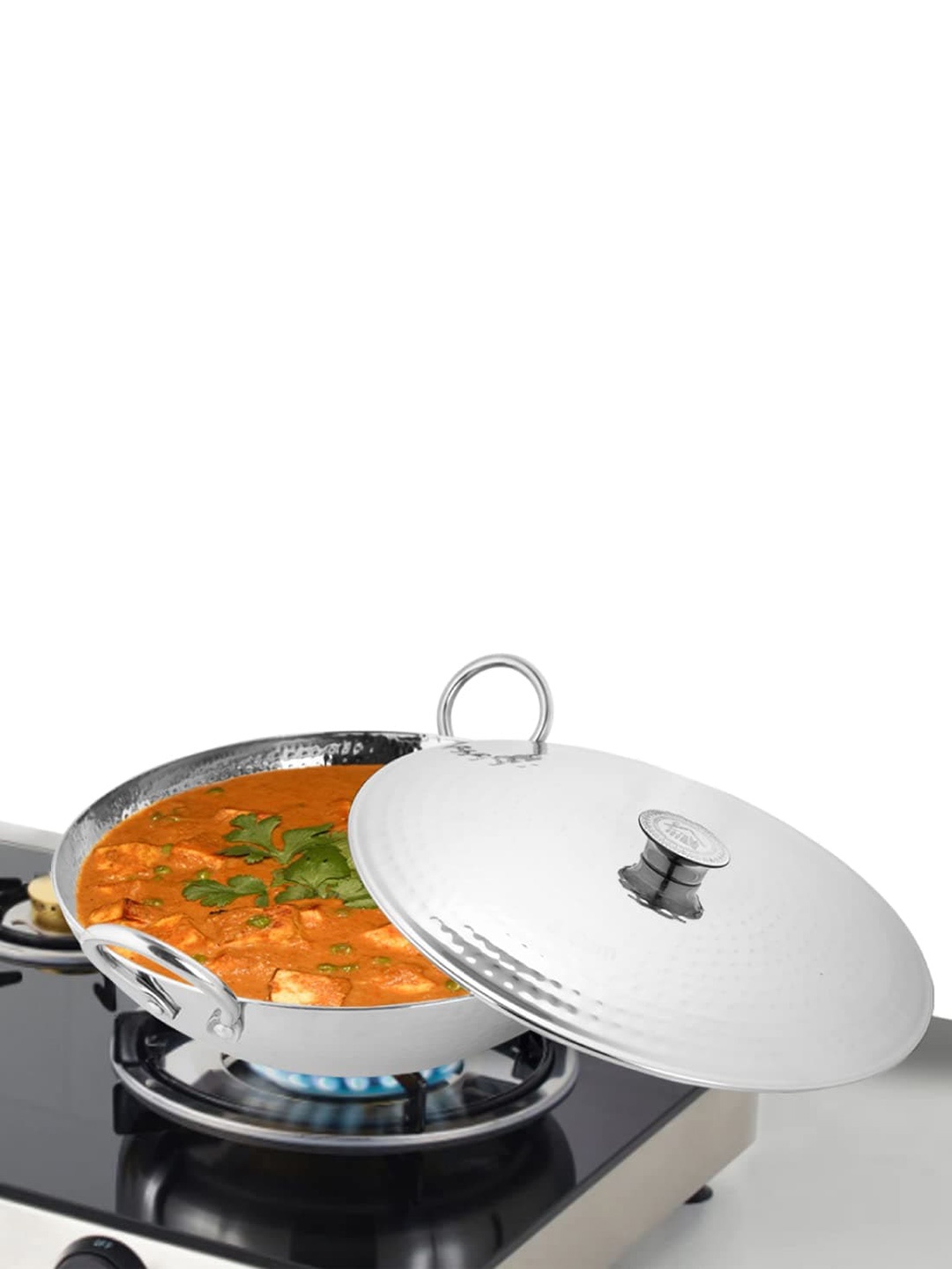 

Shri & Sam Triply Deep Pro Hammered Stainless Steel Kadhai with Lid-1.5L, Silver