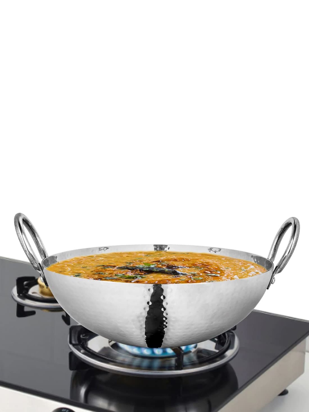 

Shri & Sam Stainless Steel 0.8 Litre Triply Deep Pro Hammered Kadhai, Silver