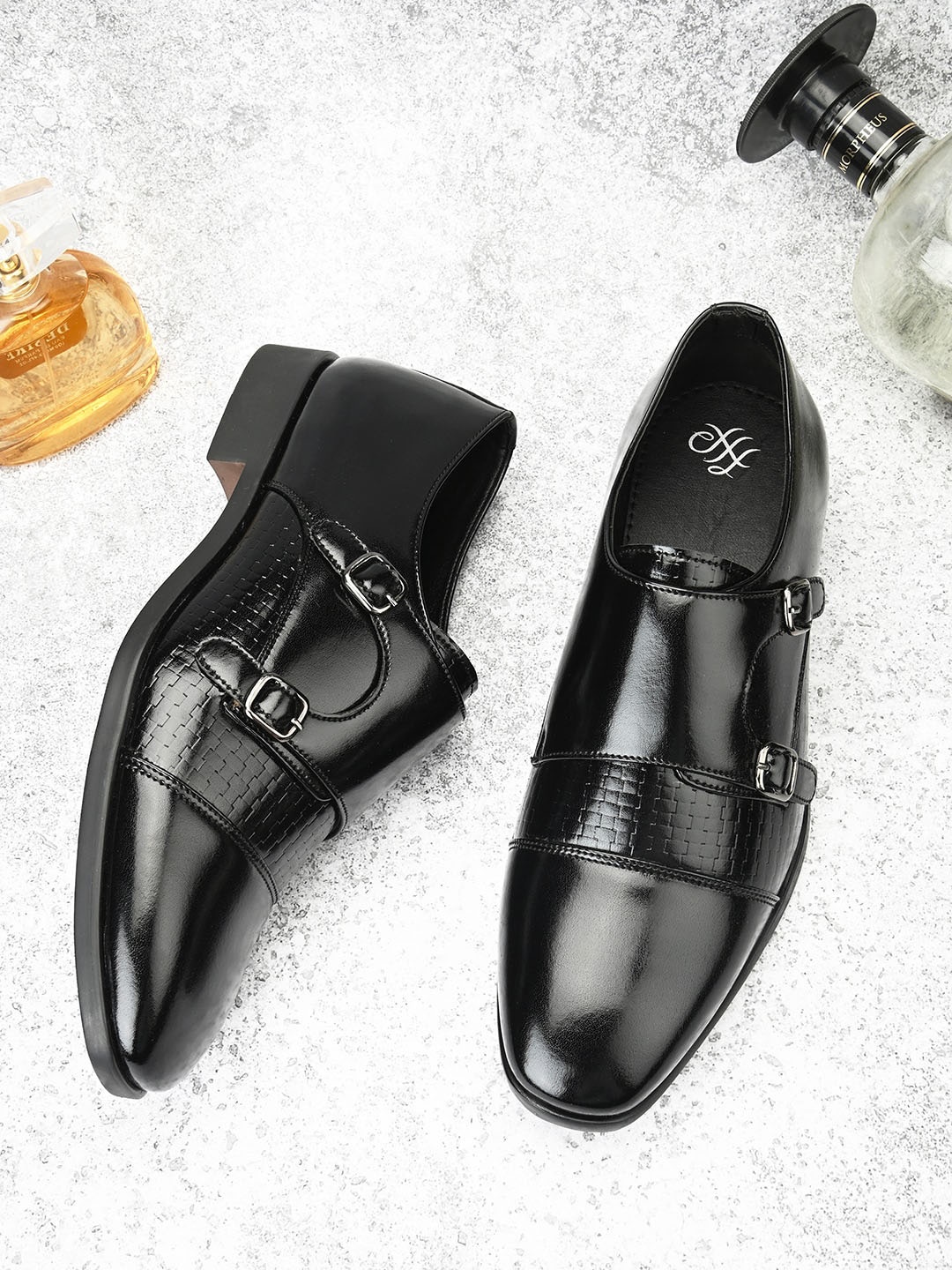 House of Pataudi Men Textured Formal Monk Shoes, Black