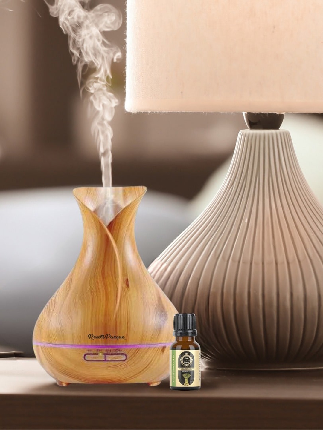

ROSENPARQUE Beige Wooden Remote Control Diffuser With Eucalyptus Essential Oil 10ml