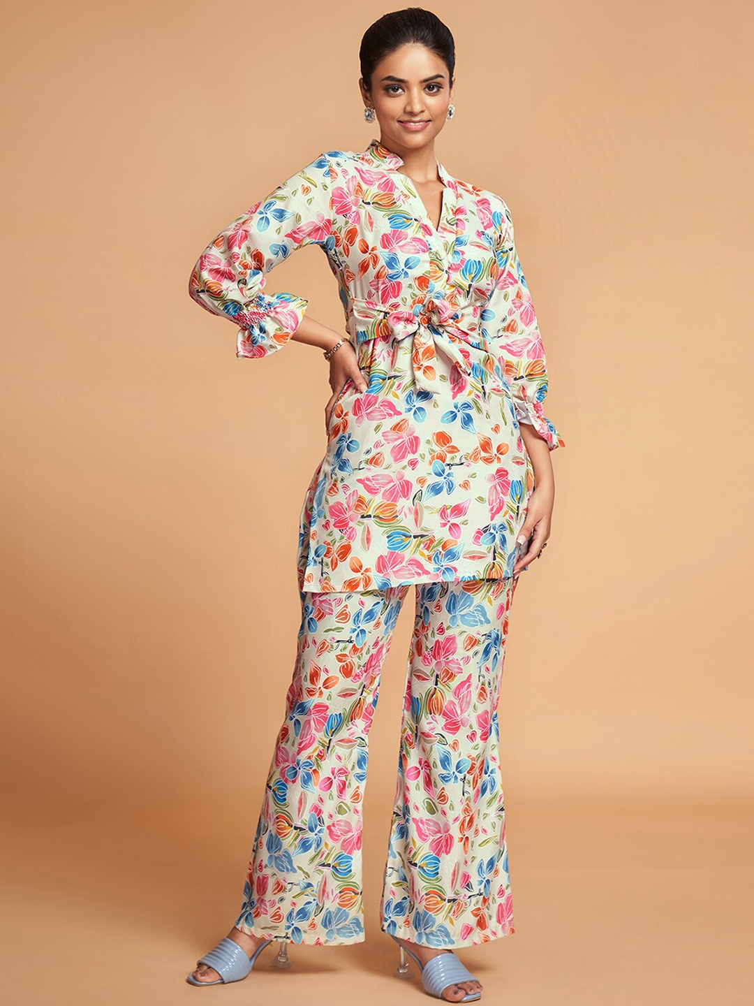 

ODETTE Printed Shirt Collar Tunic With Trousers, White