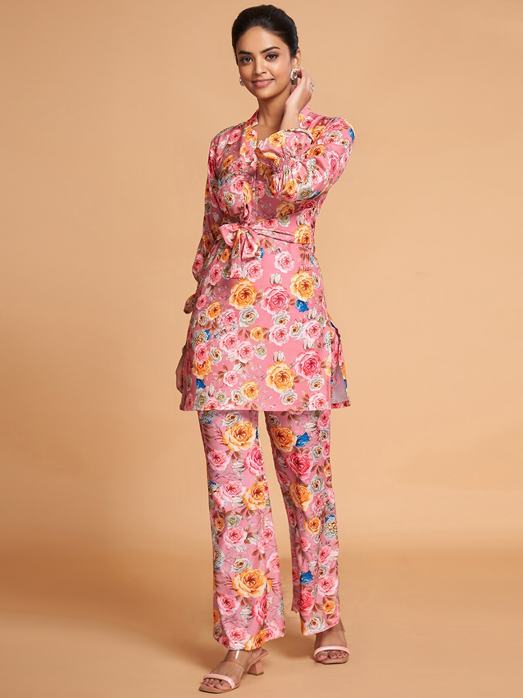 

ODETTE Printed Mandarin Collar Tunic With Trouser, Pink