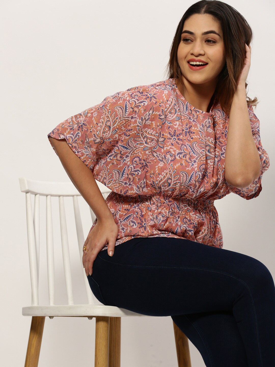 SHOWOFF Plus Floral Printed Flared Sleeve Kaftan Top, Pink