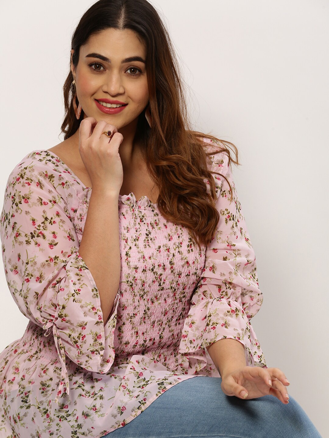 

SHOWOFF Plus Floral Printed Bell Sleeves Smocked Regular Top, Pink