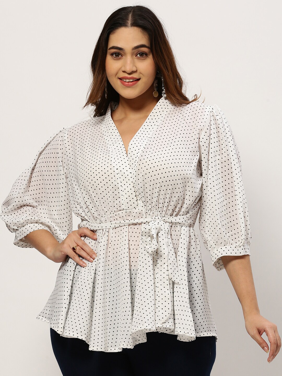 

SHOWOFF Plus Polka Dot Printed V-Neck Puff Sleeves Waist Tie-Up Regular Top, White