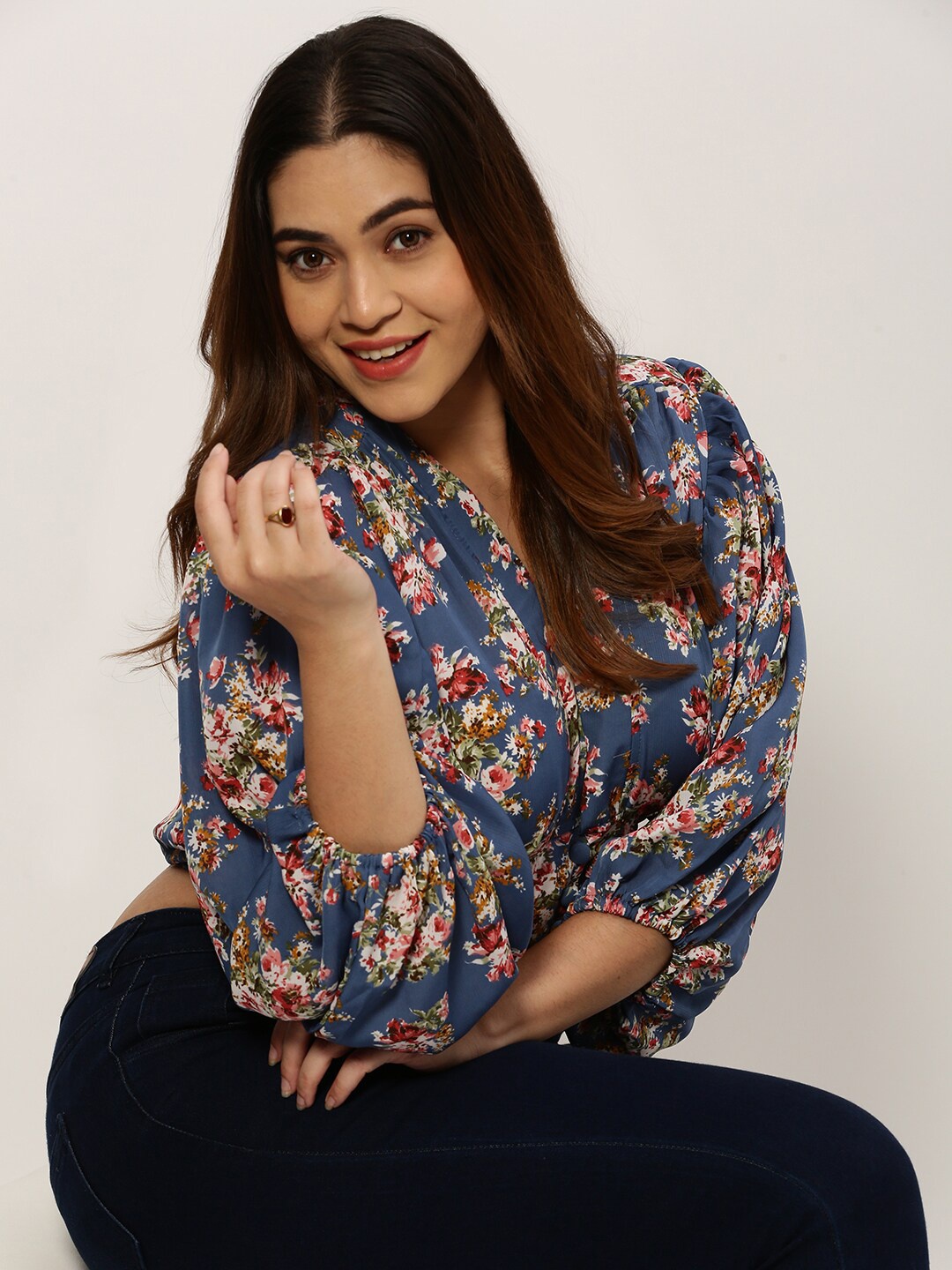 

SHOWOFF Plus Women Plus Size Floral Printed Puff Sleeves Gathered Top, Blue