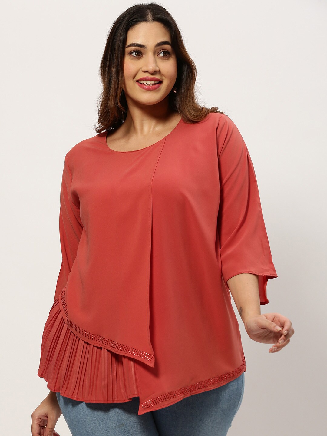 

SHOWOFF Plus Round Neck Gathered or Pleated Regular Top, Rust