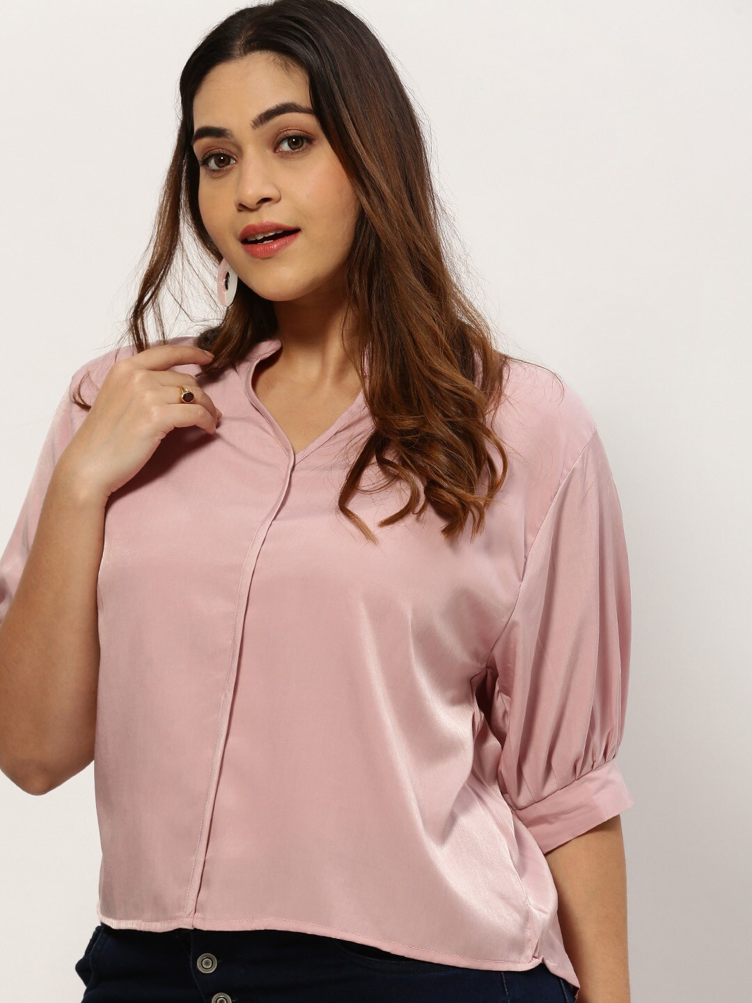 

SHOWOFF Plus Women Plus Size Puff Sleeves Mandarin Collar Shirt Style Top, Pink