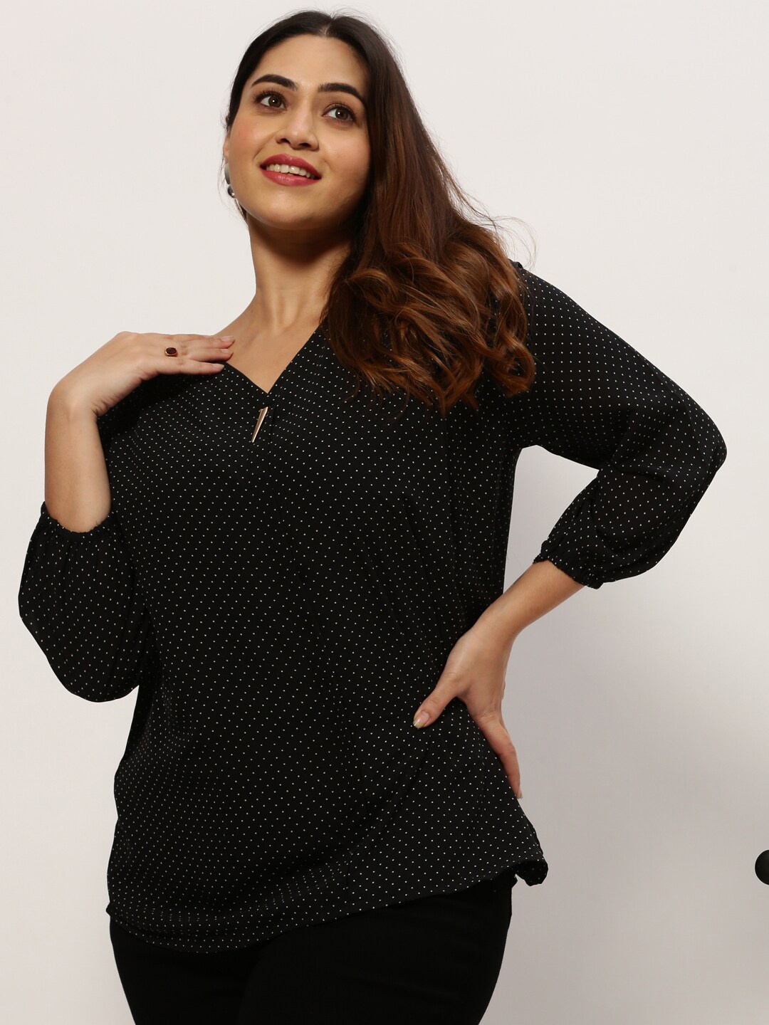 

SHOWOFF Plus Polka Dot Printed V-Neck A-Line Top, Black