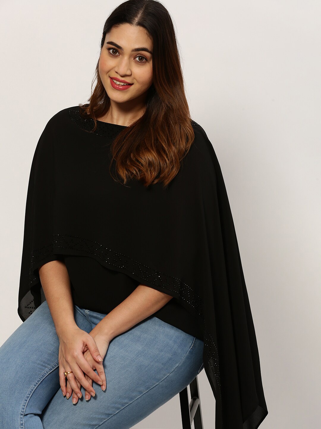 

SHOWOFF Plus Plus Size Cape Sleeves Layered Crepe Cape Top, Black