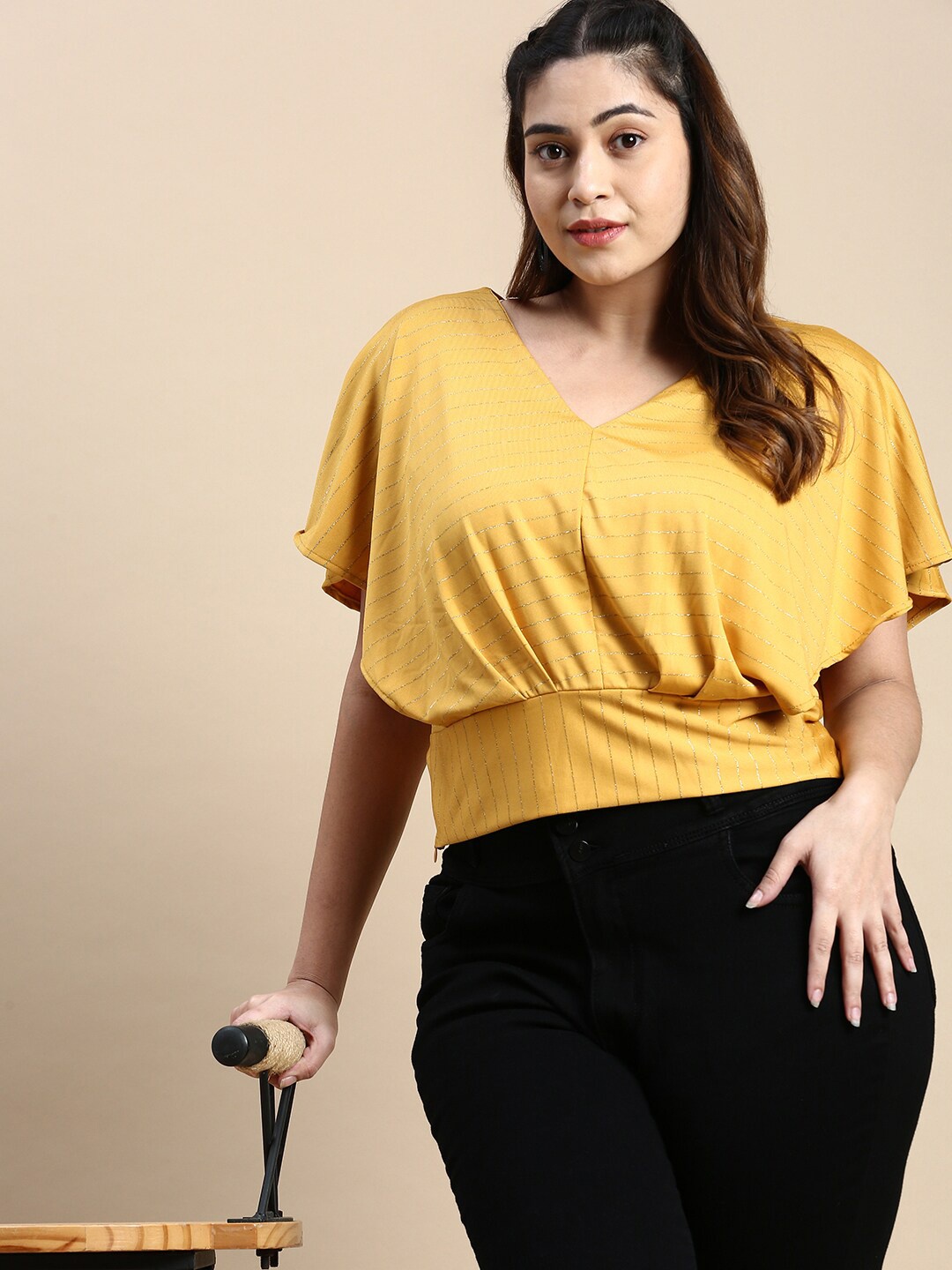 

SHOWOFF Plus Plus Size Flutter Sleeve Styled Back Top, Mustard