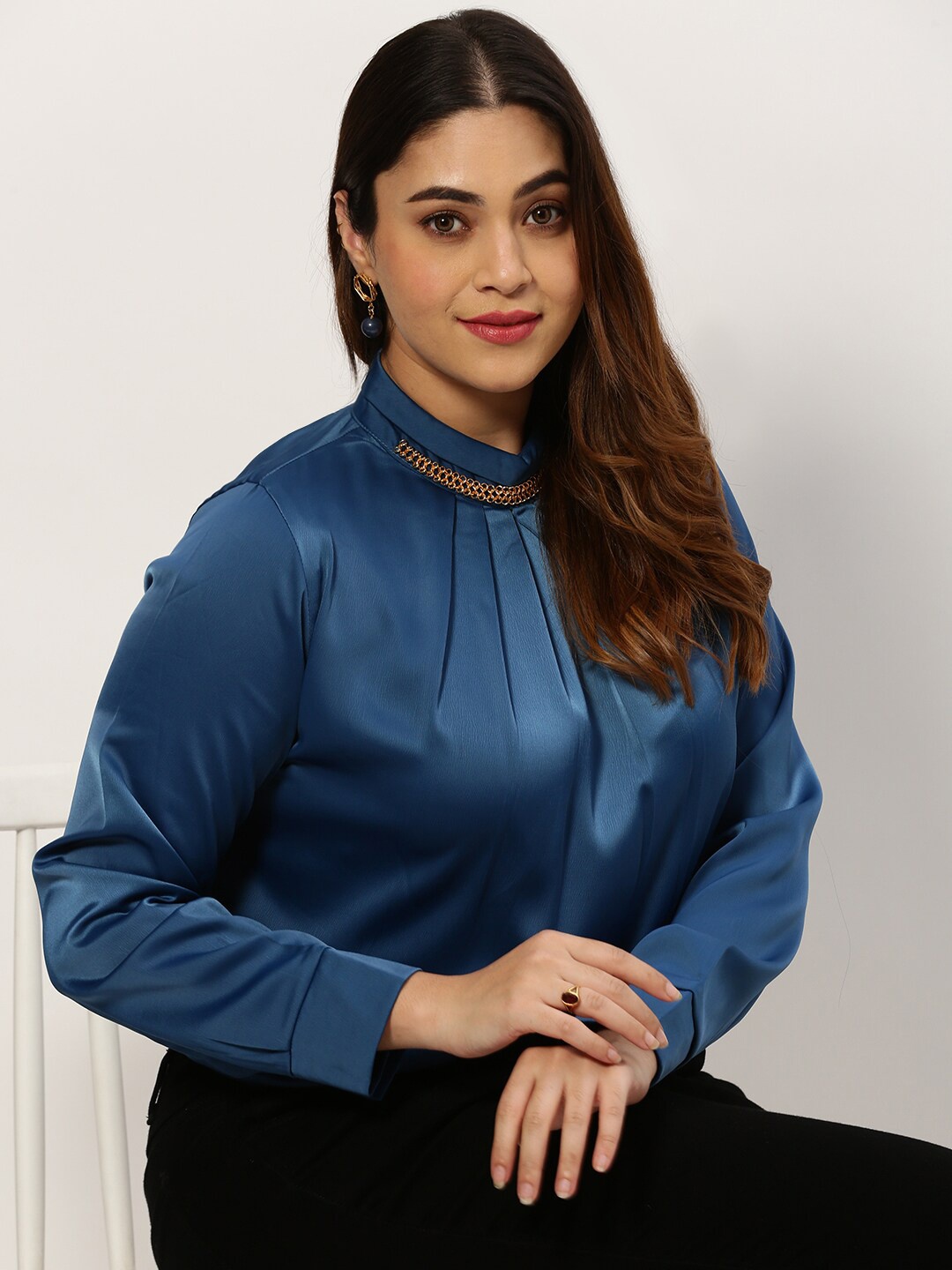 

SHOWOFF Plus High Neck Gathered or Pleated Cuffed Sleeves Top, Teal