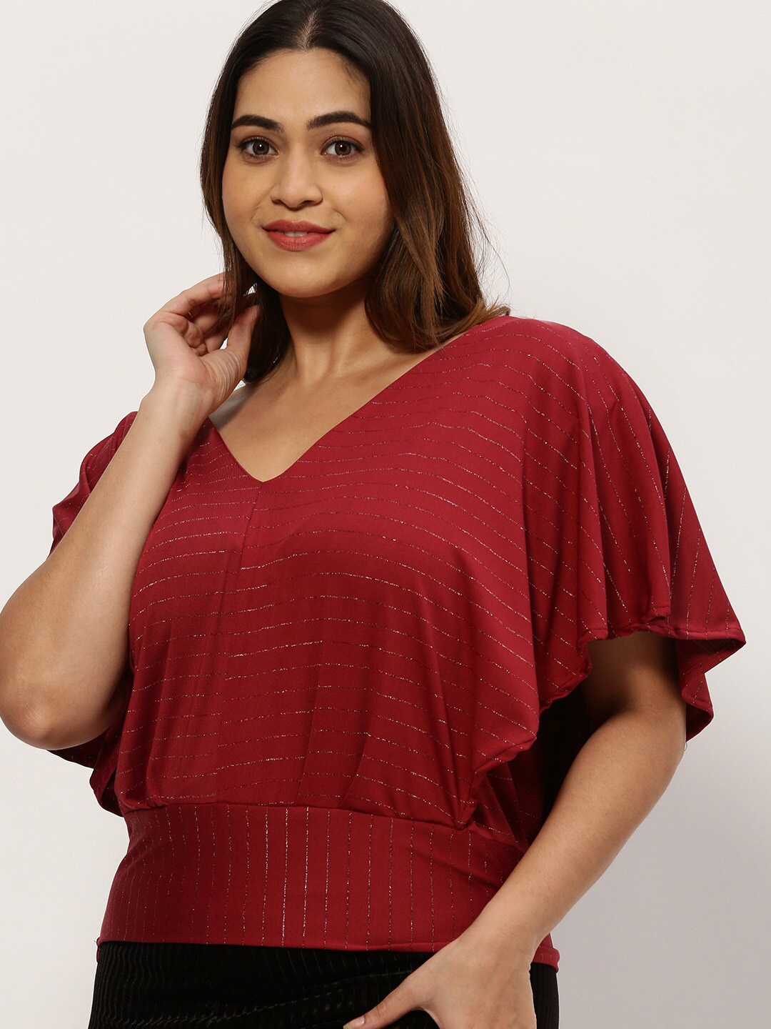 

SHOWOFF Plus Horizontal Striped Flutter Sleeve Blouson Top, Maroon