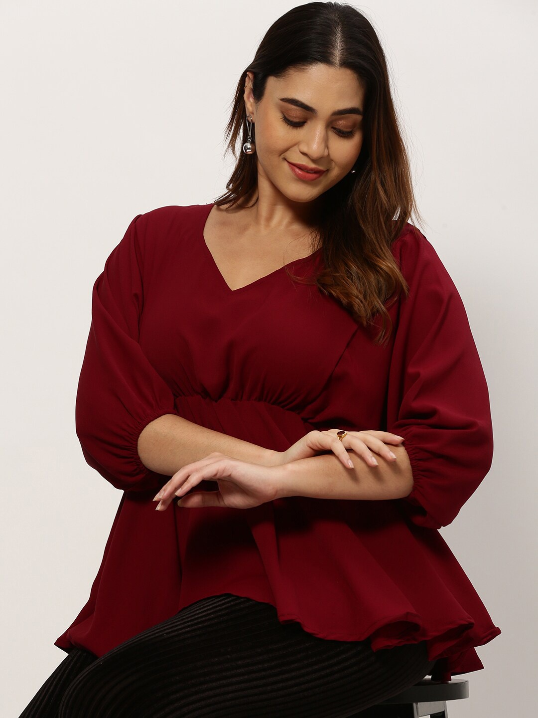 

SHOWOFF Plus V-Neck Puff Sleeves Top, Burgundy