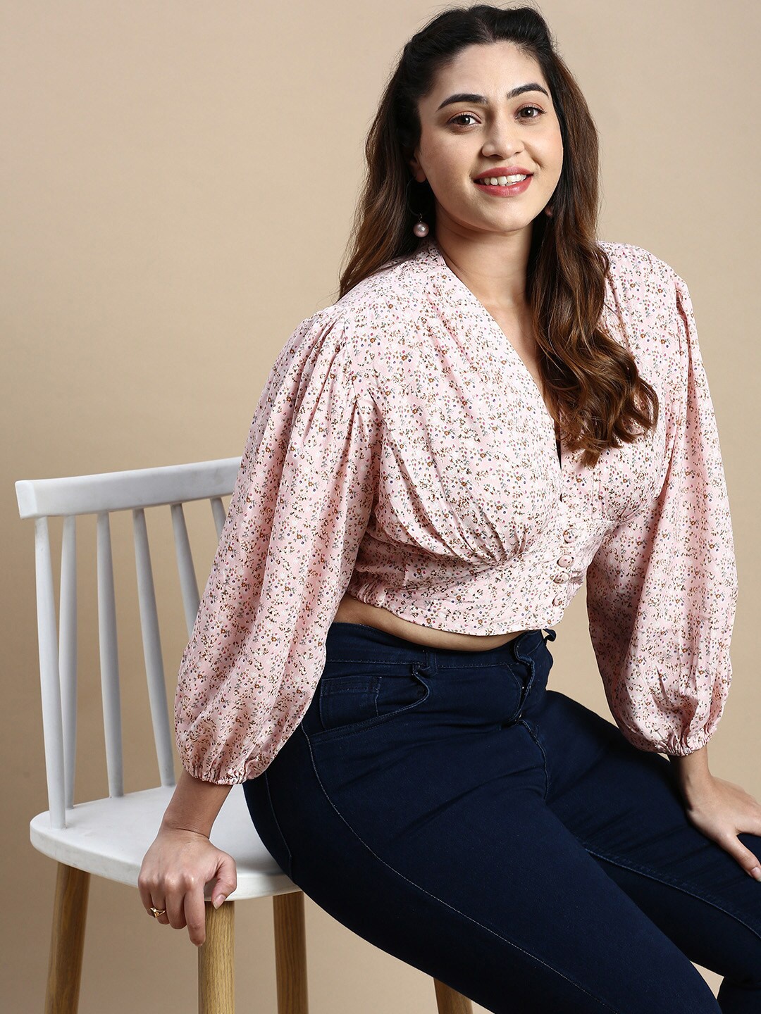 

SHOWOFF Plus Floral Printed Puffed Sleeves Blouson Crop Top, Pink