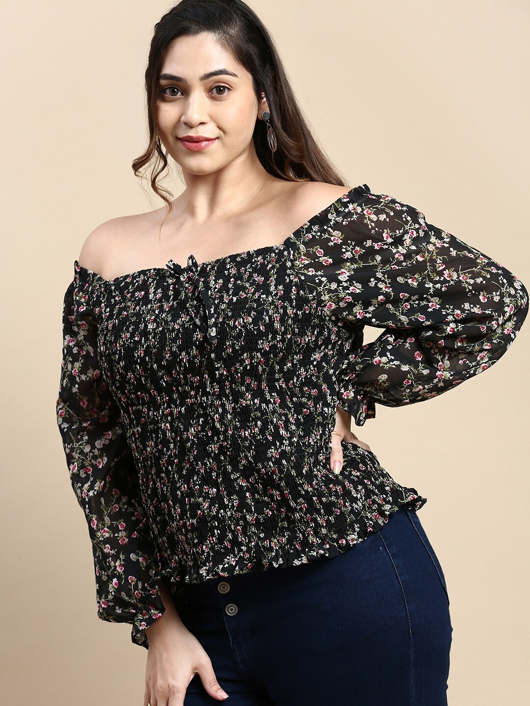 

SHOWOFF Plus Floral Printed Off-Shoulder Smocked Bardot Top, Black