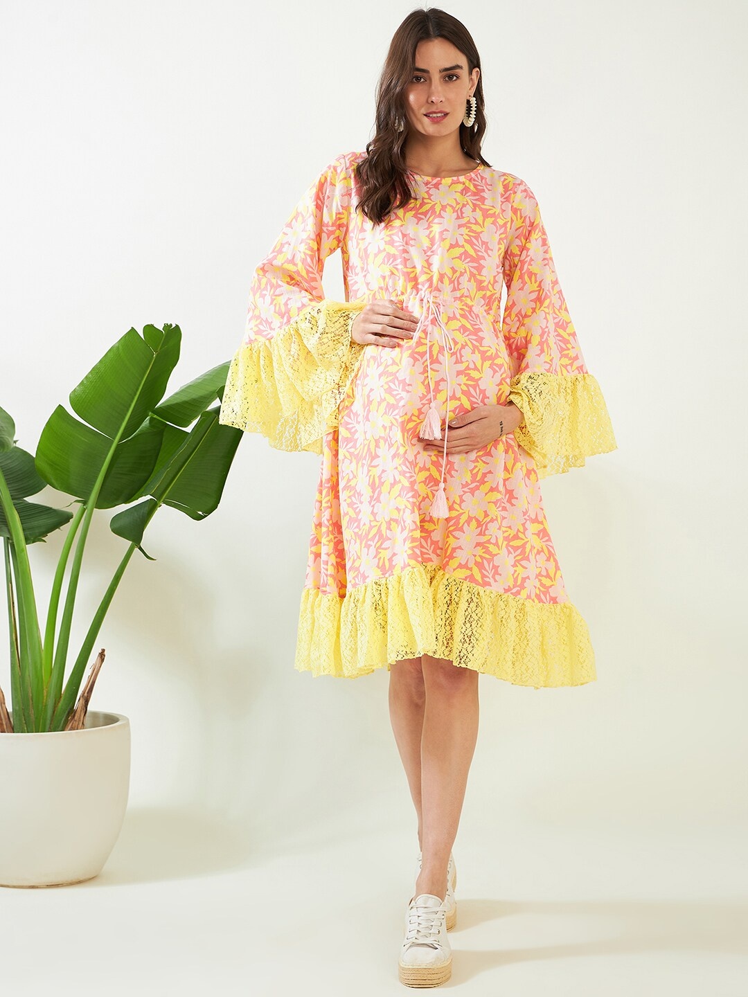 

The Kaftan Company Maternity Printed Bell Sleeves Lace-Up Detail Cotton A-Line Dress, Pink