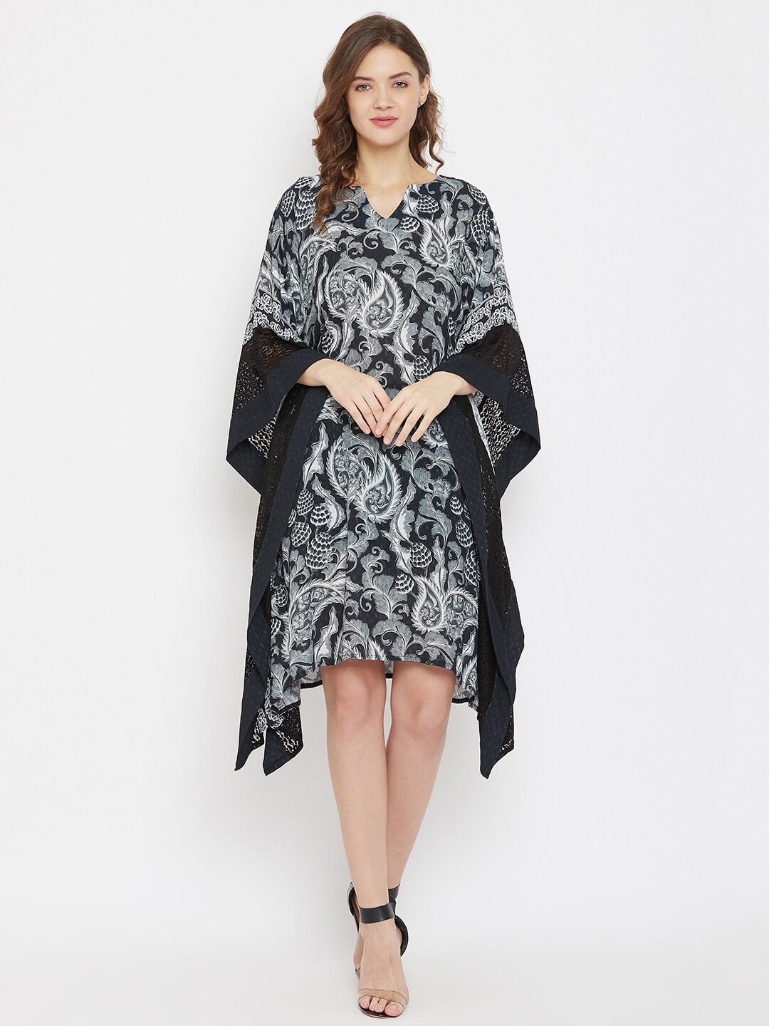 

The Kaftan Company Black Ethnic Motifs Printed V-Neck Kaftan Midi Dress