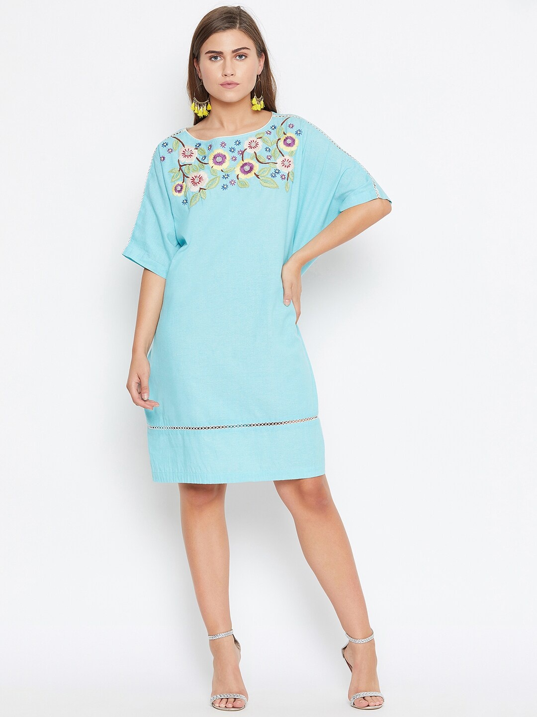 

The Kaftan Company Floral Embroidered Kimono Sleeves Cotton A-Line Dress, Blue