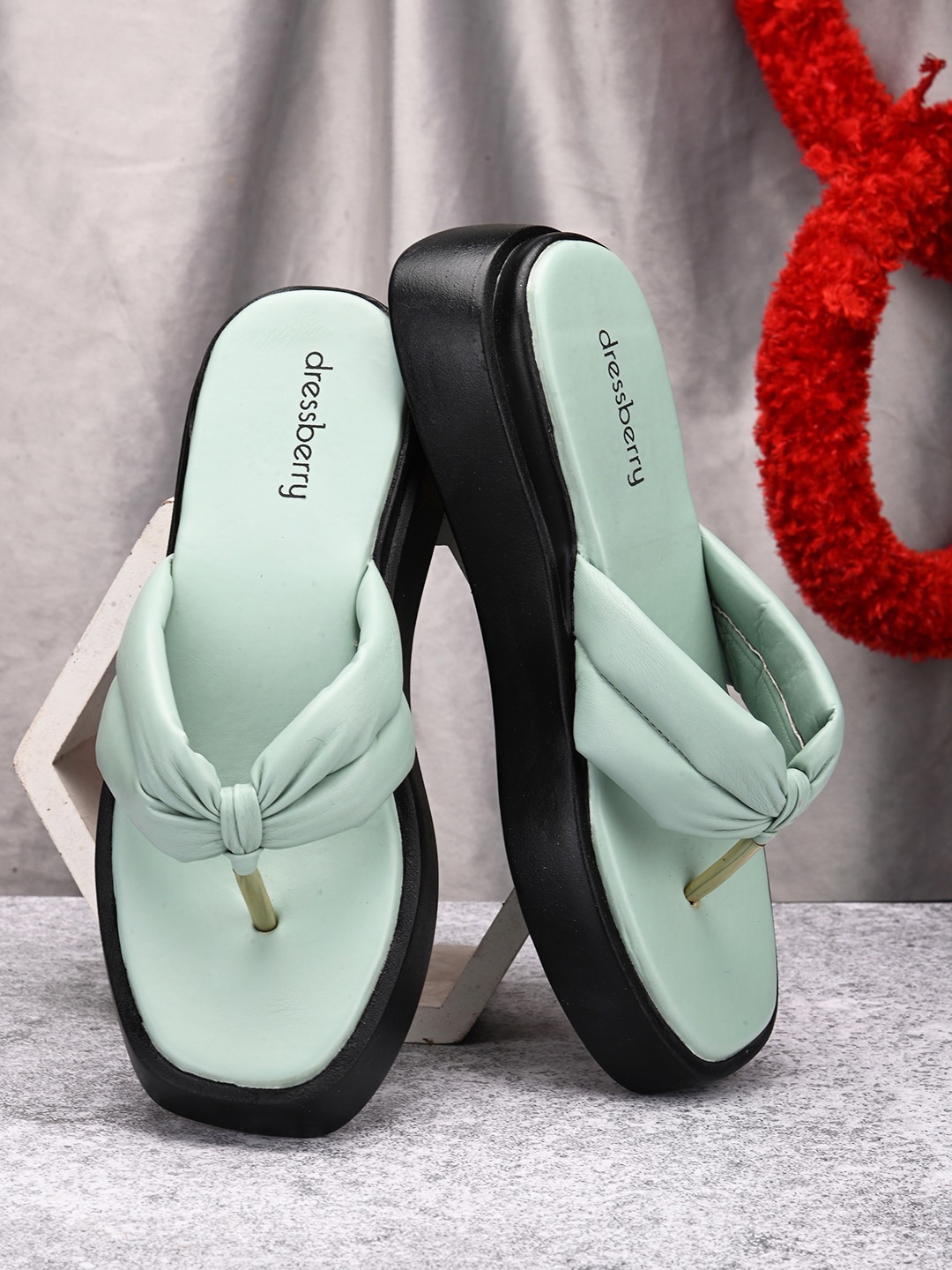 

DressBerry Sea Green & Black Slip-On Open Toe Flats