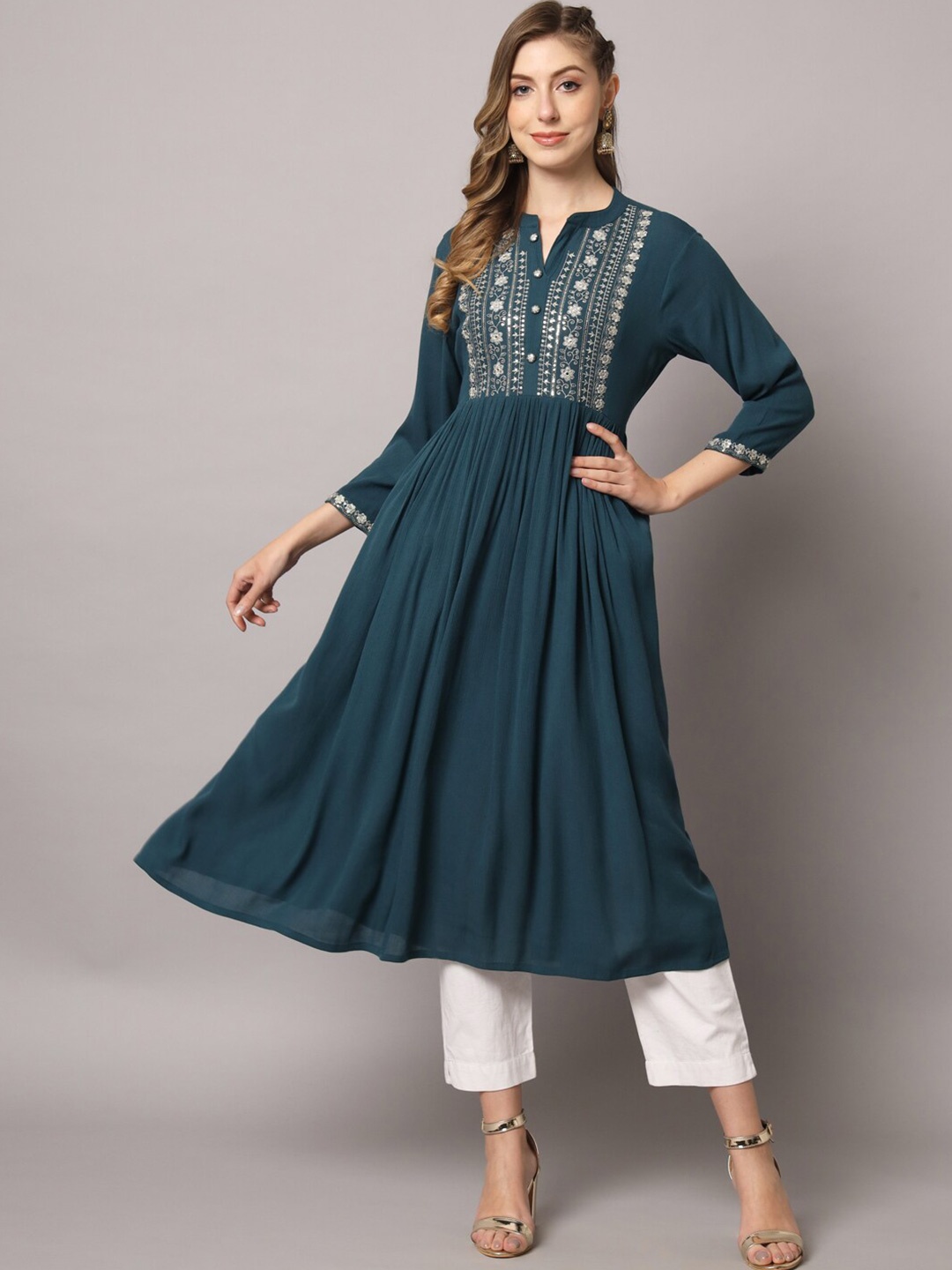 

PREKSHA Ethnic Motifs Embroidered Sequined A-Line Kurta, Teal