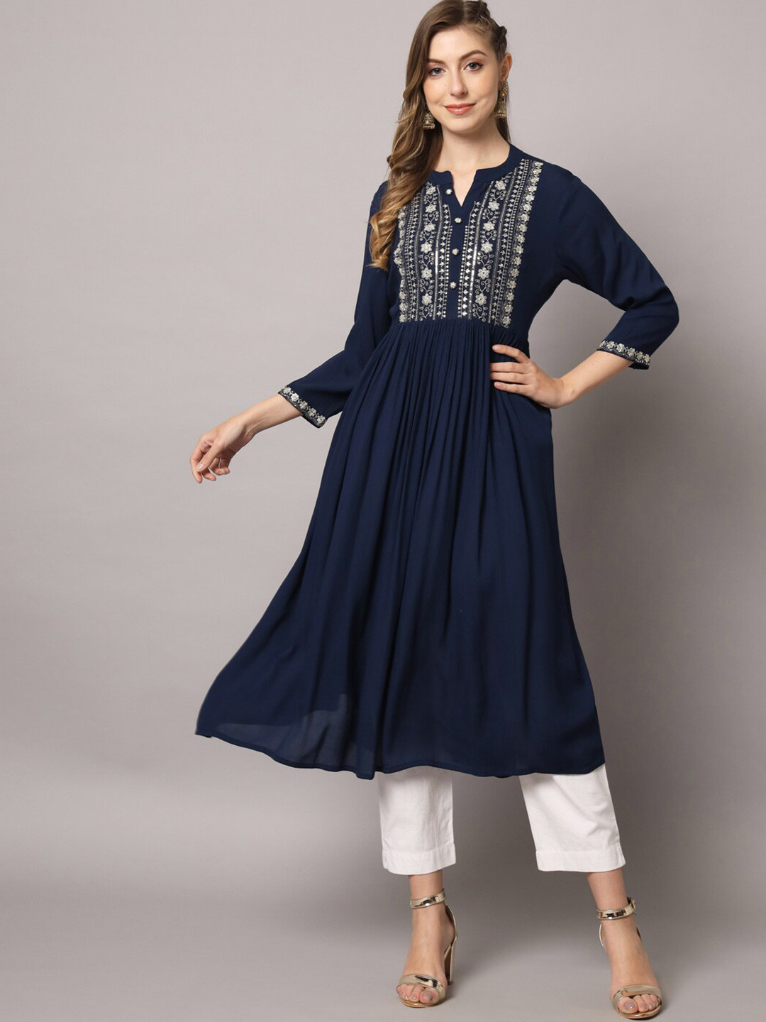 

PREKSHA Ethnic Motifs Embroidered Sequined A-Line Kurta, Navy blue