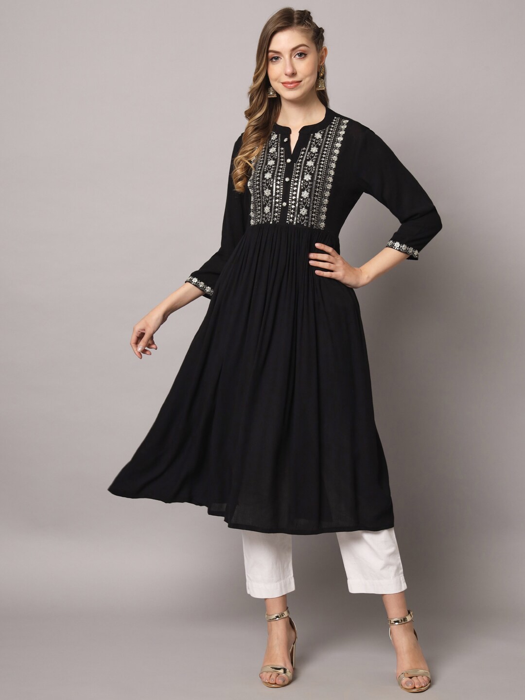

PREKSHA Ethnic Motifs Embroidered Sequinned A-Line Kurta, Black