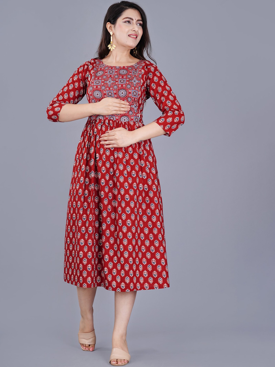

TREND ME Ethnic Motifs Printed Pure Cotton Maternity A-Line Ethnic Dress, Maroon