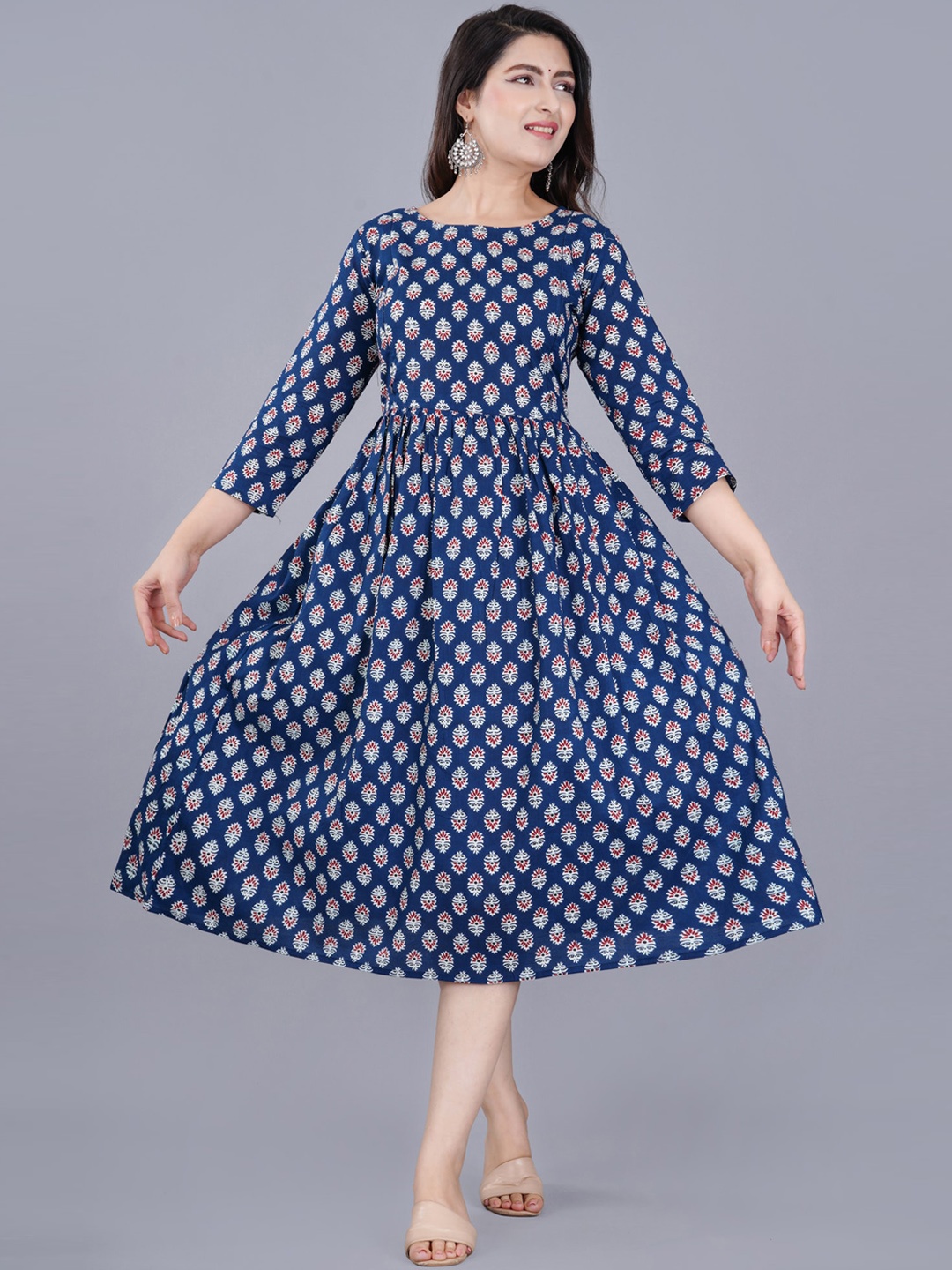 

TREND ME Ethnic Motifs Printed Maternity Pure Cotton A-Line Kurta, Blue