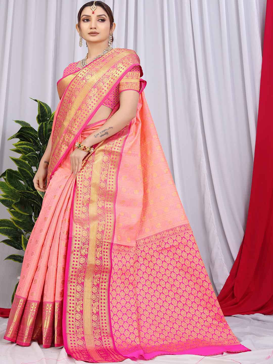 

Mitera Pink & Gold-Toned Ethnic Motifs Woven Design Zari Saree