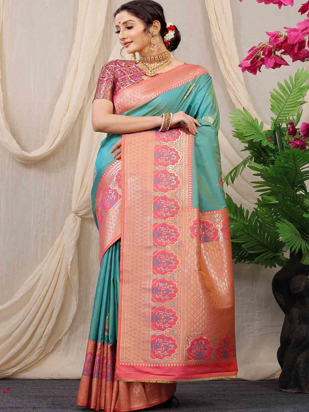 

Mitera Turquoise Blue & Pink Woven Design Zari Saree