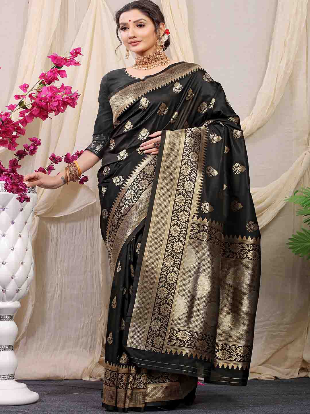 

Mitera Black & Gold-Toned Ethnic Motifs Woven Design Zari Saree