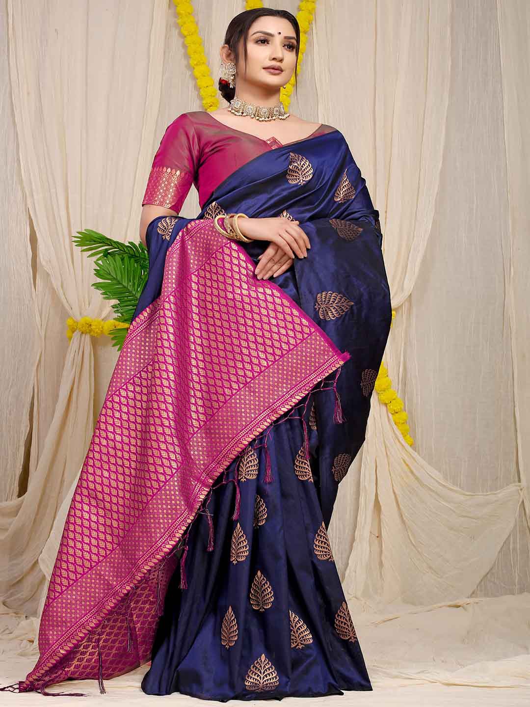 

Mitera Navy Blue & Pink Ethnic Motif Woven Design Zari Saree