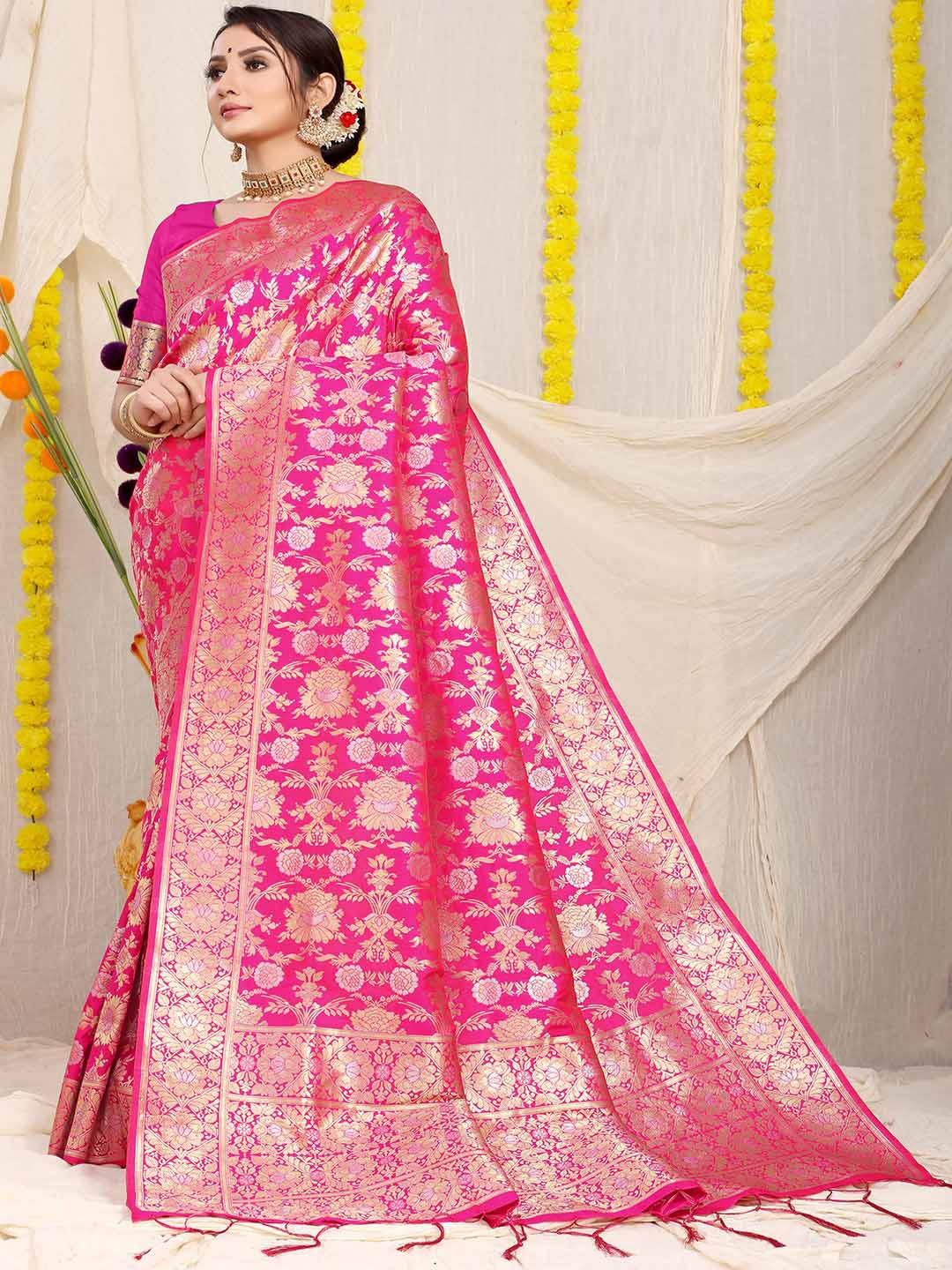 

Mitera Pink & Gold-Toned Ethnic Motifs Woven Design Zari Saree