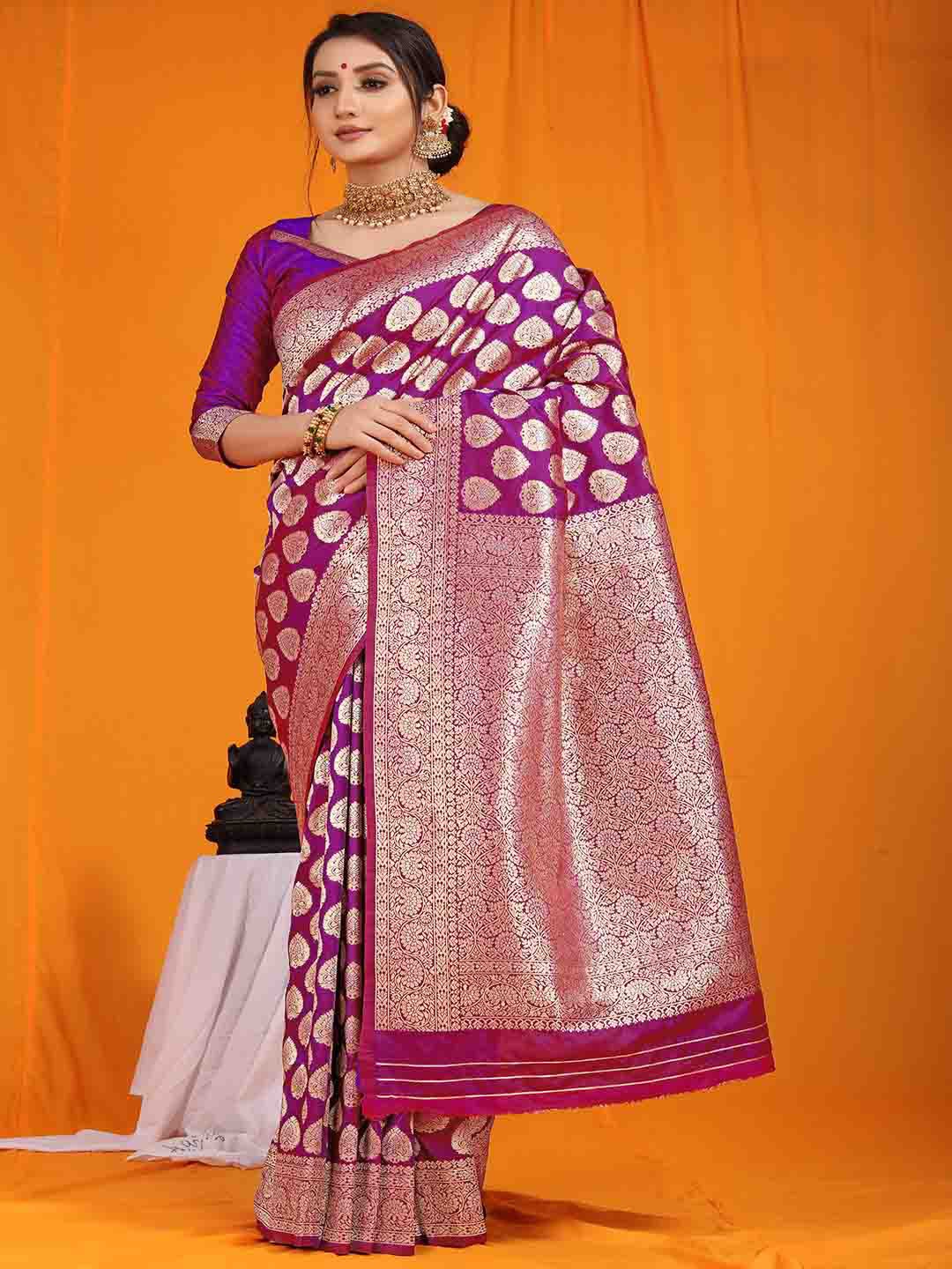 

Mitera Purple & Gold-Toned Ethnic Motifs Woven Design Zari Saree