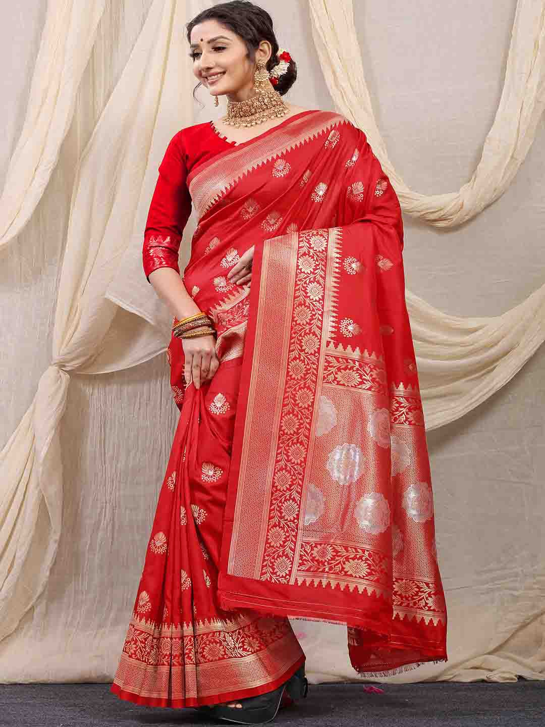 

Mitera Red & Gold-Toned Ethnic Motifs Woven Design Zari Saree