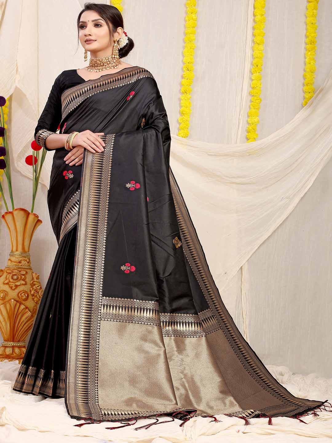 

Mitera Black & Pink Floral Woven Design Zari Saree
