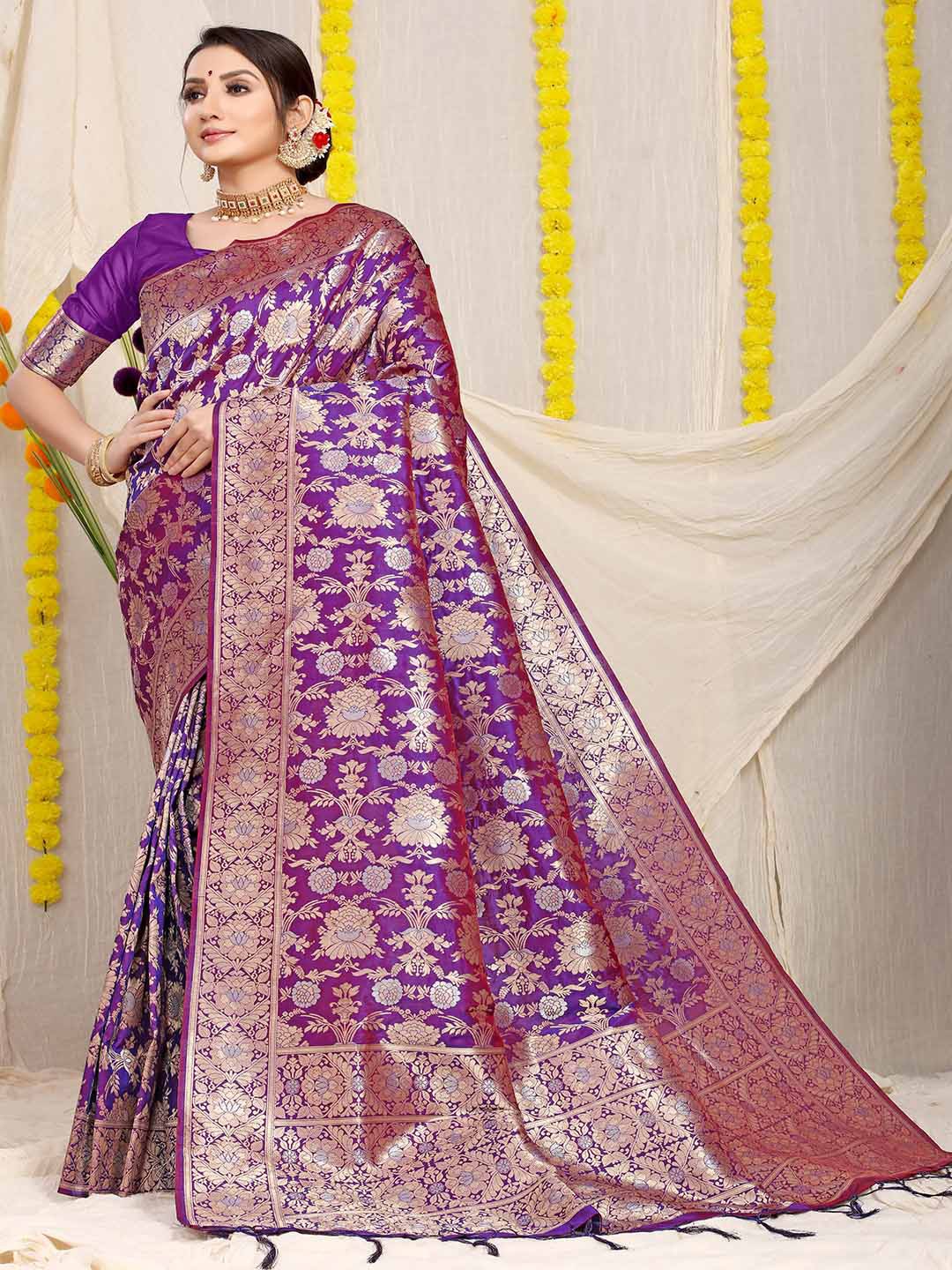 

Mitera Ethnic Motifs Woven Design Zari Detailed Saree, Purple