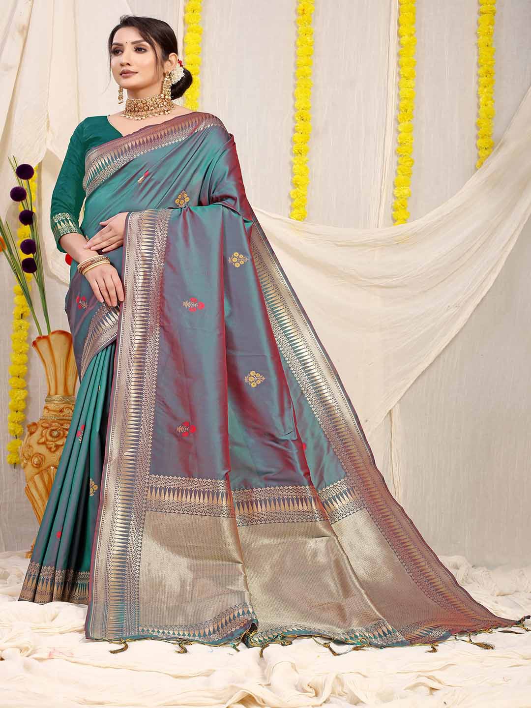 

Mitera Sea Green & Gold-Toned Ethnic Motifs Woven Design Zari Saree