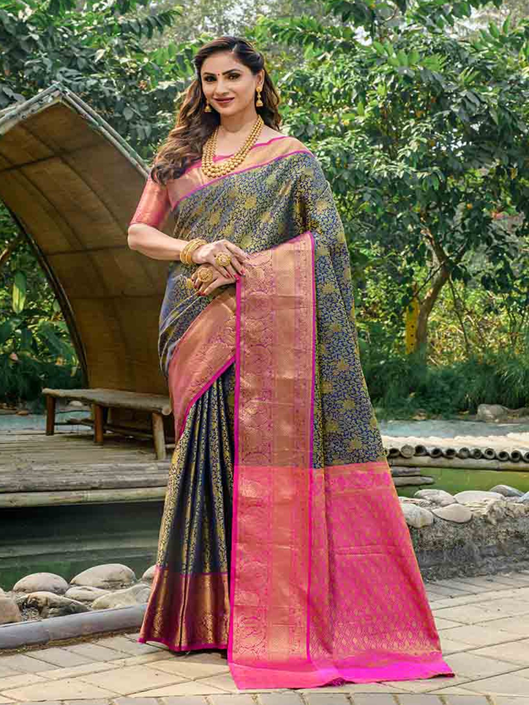 

Mitera Blue & Pink Woven Design Zari Saree
