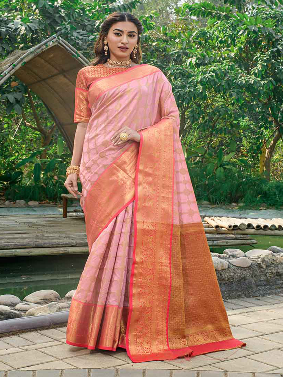 

Mitera Pink & Orange Woven Design Zari Saree