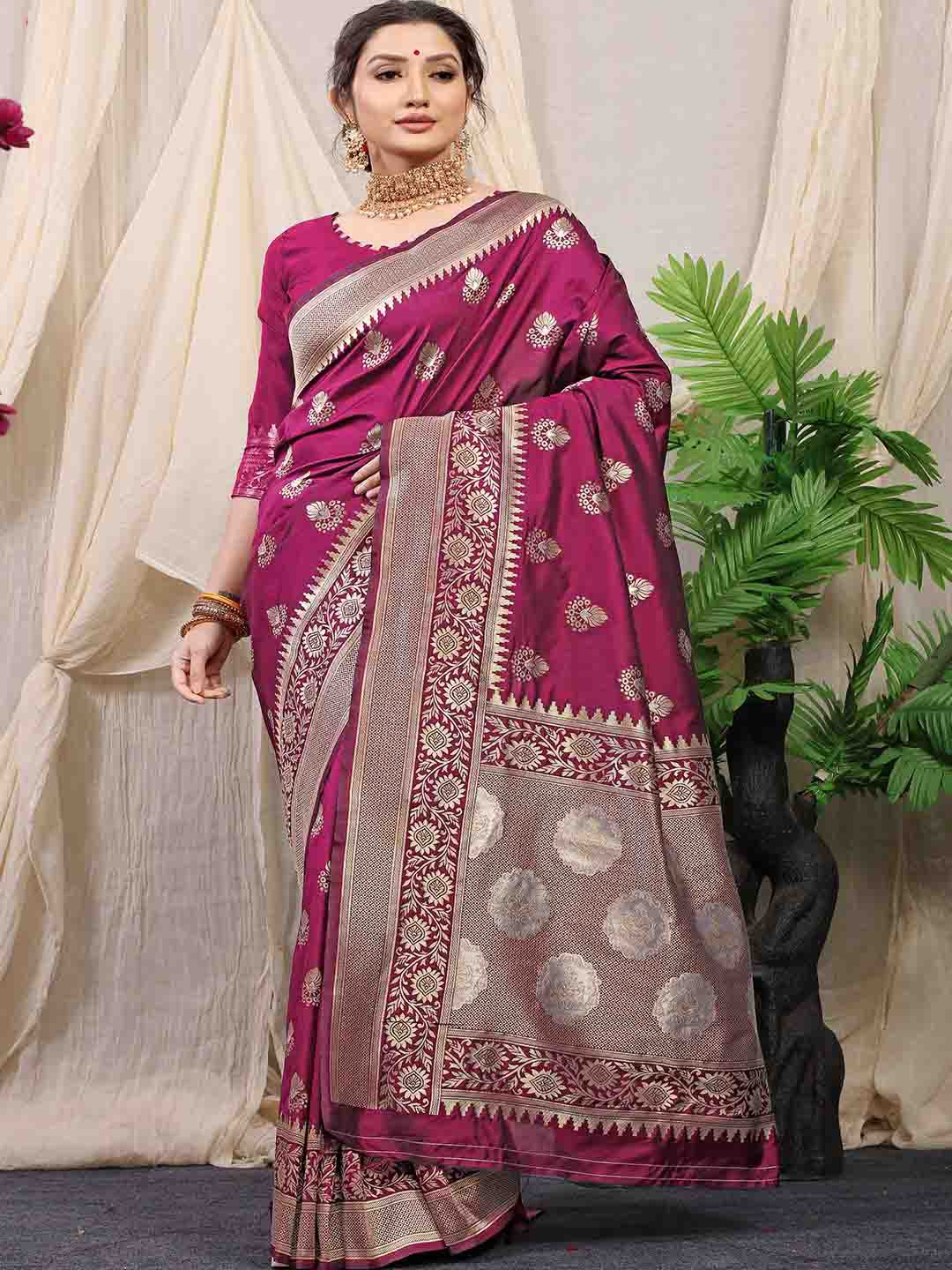 

Mitera Purple & Gold-Toned Woven Design Zari Detailed Saree