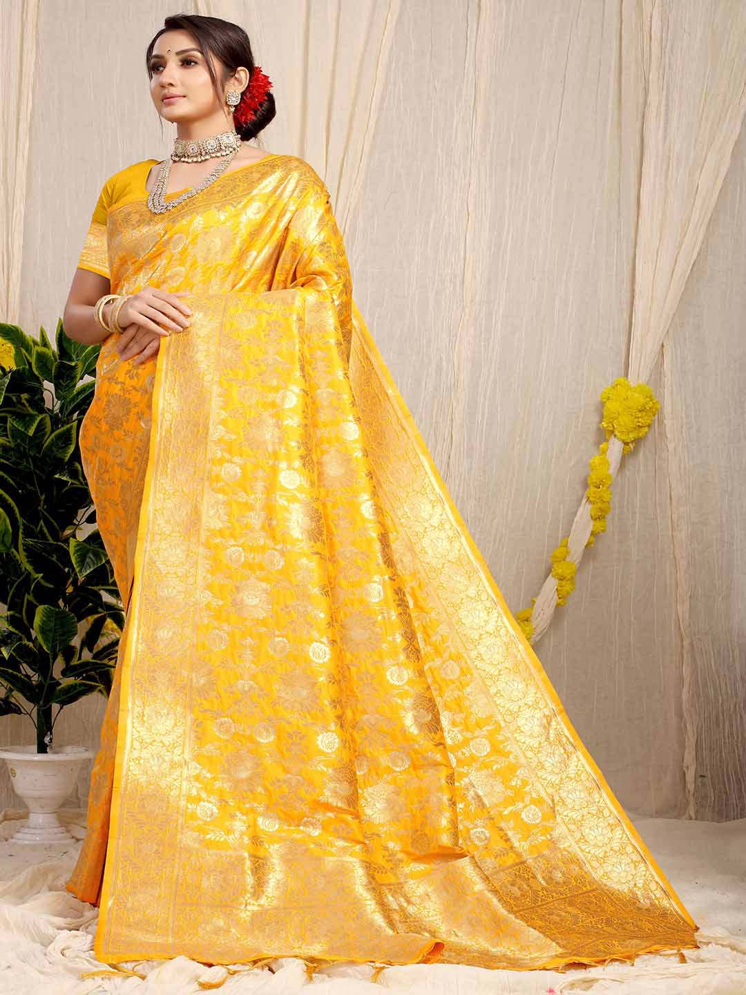 

Mitera Yellow & Gold-Toned Ethnic Motifs Woven Design Zari Saree, Mustard